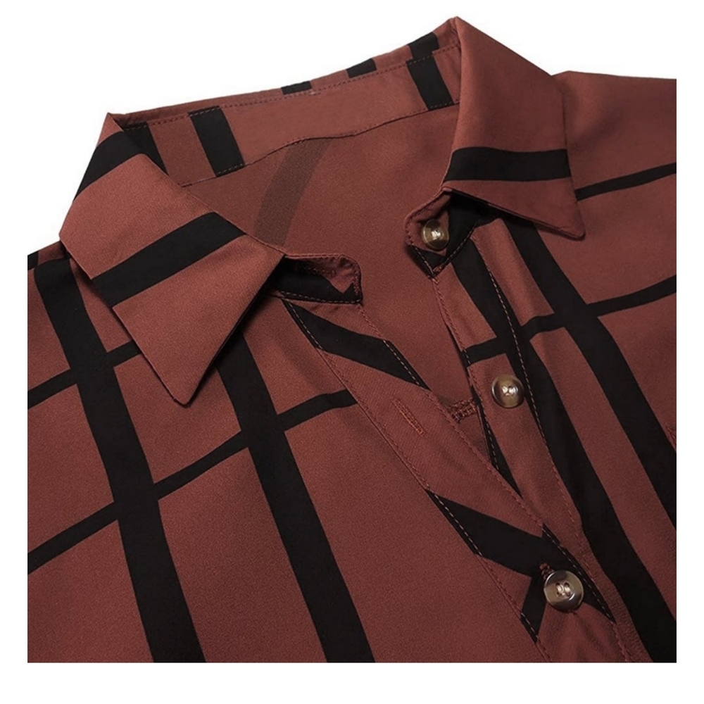 NEW Long Sleeve V-Neck Stripes Plaid Casual Blouses Pocket Button Down Shirt - Picture 3 of 9